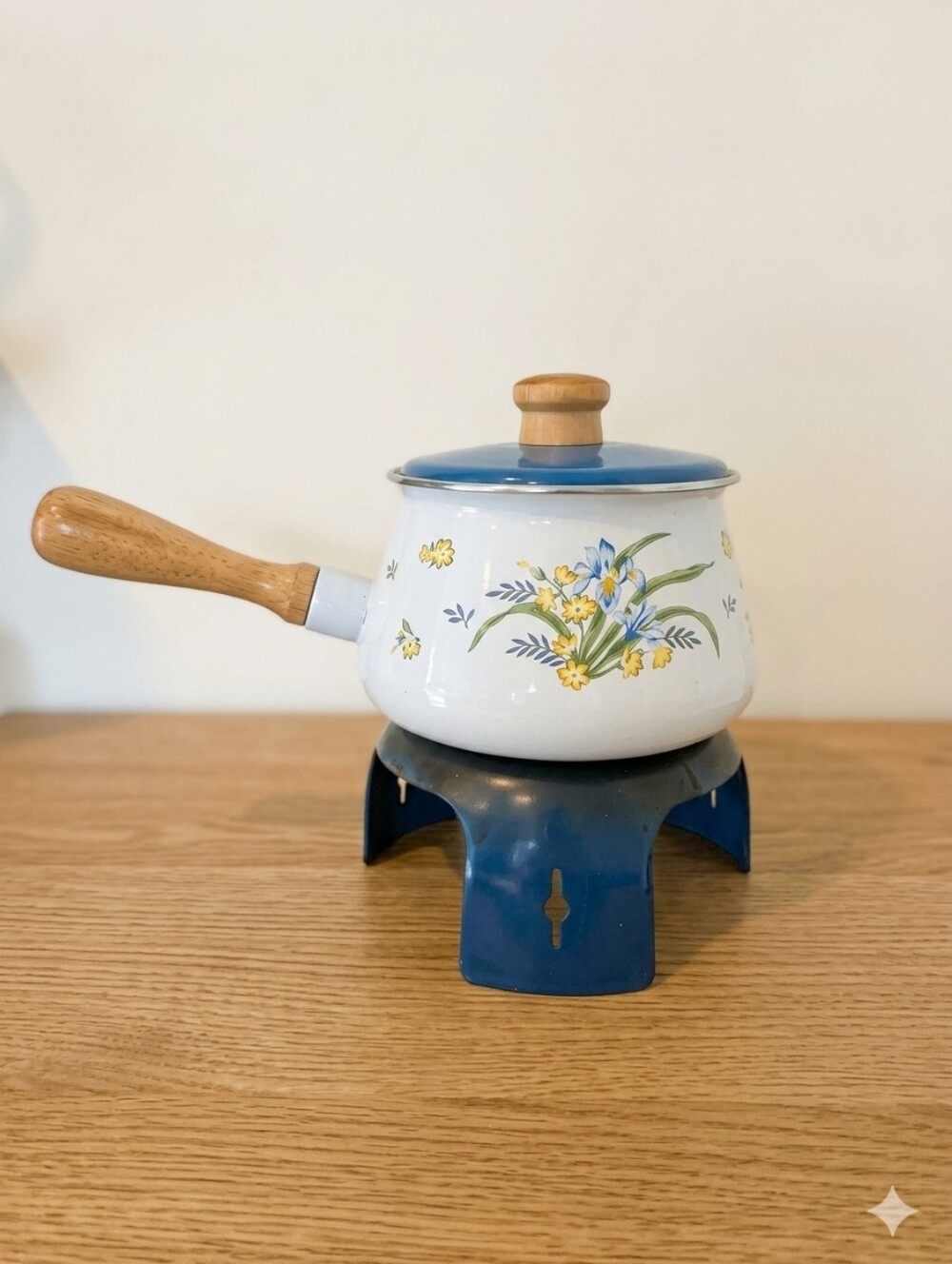 Floral Enamel Saucepan with Wooden Handle - Blue & Yellow Flowers